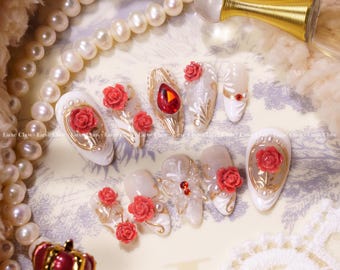Regal Rose | Hand-Painted Art | Reusable Stick On Nails | Party & Bridal Nails | Premium Press on Nails