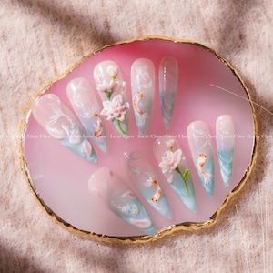 Ying Yang Koi fish Lotus Harmony | Hand-Painted Art | Reusable Stick On Nails | Party & Bridal Nails | Premium Press on Nails