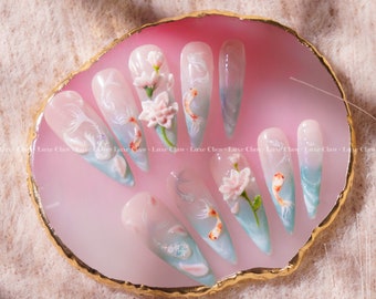 Ying Yang Koi fish Lotus Harmony | Hand-Painted Art | Reusable Stick On Nails | Party & Bridal Nails | Premium Press on Nails