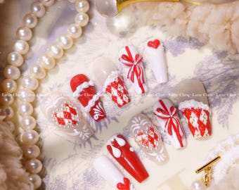Valentine Gift Press On Nails, Red White Argyle Design with 3D Hearts and Bows, Cute Long Romantic Nail Tips for Her, Cozy Winter Nail Art
