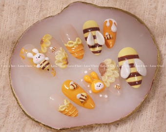 Honey Bee Bliss | Hand-Painted Art | Reusable Stick On Nails | Party Nails | Premium Press on Nails