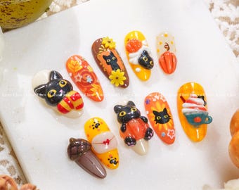 Uñas postizas de otoño con diseño de gato calabaza 3D, gel de bosque de mariquita y bellota, uñas postizas de almendra otoñal