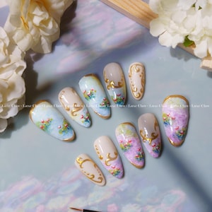 Monet's Spring Meadows | Hand-Painted Art | Reusable Stick On Nails | Party & Bridal Nails | Premium Press on Nails