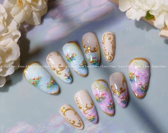 Monet's Spring Meadows | Hand-Painted Art | Reusable Stick On Nails | Party & Bridal Nails | Premium Press on Nails