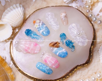 Summer Breeze | Hand-Painted Art | Reusable Stick On Nails | Party & Bridal Nails | Premium Press on Nails