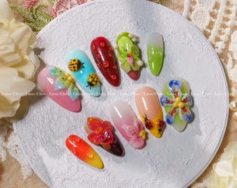 Garden Insect Press On Nails, Colorful 3D Ladybug & Butterfly Nail Art with Flowers and Gradient Base, Whimsical Nature Inspired