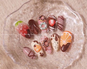 Citrus Chocolate | Hand-Painted Art | Reusable Stick On Nails | Party Nails | Premium Press on Nails