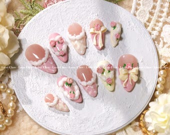 Vintage Rose Garden Press On Nails, Pink Ribbon, Floral Bow, Handmade Nail Set