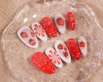 Berry Delight Press On Nails, Red Strawberry Nail Art with Bow and Cute Icons, Sweet Summer Fruit Nails, Kawaii Glossy Nail Tips