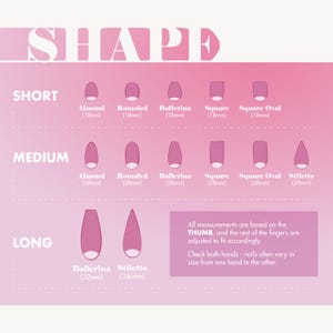 Peut inclure: Un tableau rose et blanc pr&eacute;sentant les formes et longueurs des ongles. Il montre les formes amande, arrondie, ballerine, carr&eacute;e, ovale carr&eacute; et stiletto. Les mesures sont en millim&egrave;tres, la plus longue &eacute;tant de 34 mm.