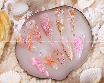Ocean Blush | Handgemalte Kunst | Wiederverwendbare Stick On Nägel | Party & Braut Nägel | Premium Presse auf den Nägeln