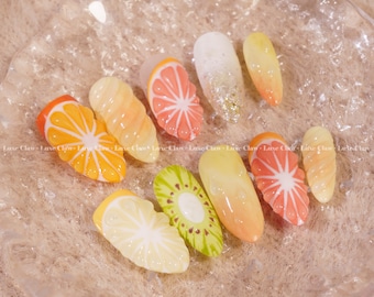 Citrus Splash | Summer Nails | Hand-Painted Art | Reusable Stick On Nails | Party & Bridal Nails | Premium Press on Nails