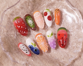 Summer Harvest Press On Nails, Fruit Medley 3D Art with Colorful Base, Fresh Fruit Garden Nail Set