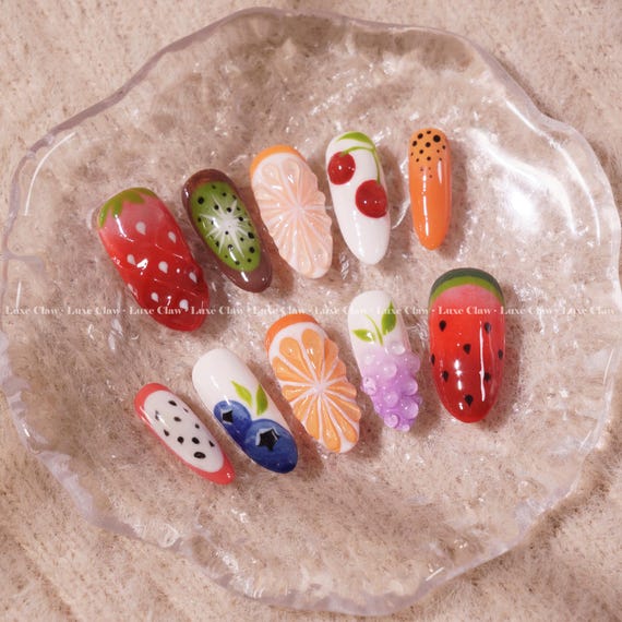 Summer Harvest Press On Nails, Fruit Medley 3D Art with Colorful Base, Fresh Fruit Garden Nail Set
