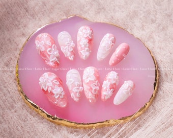 Spring Peach Blossom | Hand-Painted Art | Reusable Stick On Nails | Party & Bridal Nails | Premium Press on Nails