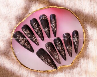 Deep Black Gothic Patterns | Hand-Painted Art | Reusable Stick On Nails | Party & Bridal Nails | Premium Press on Nails