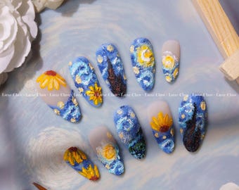 3D Nails Van Gogh’s Dream | Hand-Painted Art | Reusable Stick On Nails | Party & Bridal Nails | Premium Press on Nails