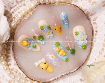 Ducky Meadow | Hand-Painted Art | Reusable Stick On Nails | Party & Bridal Nails | Premium Press on Nails