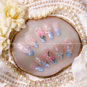 Serene Koi Pond Bliss | Hand-Painted Art | Reusable Stick On Nails | Party & Bridal Nails | Premium Press on Nails