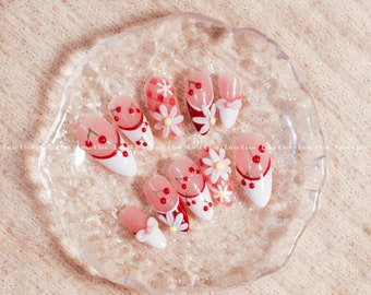 Cherry Blossom Press On Nails, 3D Flower Nail Art, Cute Cherry Tips, Red Pink Nails, Kawaii Spring Nails, Fruity Nail Design