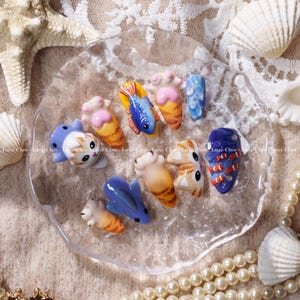 Ocean Animal Press On Nagels, 3D Zee Kat & Vis Nail Art, Schattige Zomerstrandnagels, Handgemaakte Mariene Nail Tips