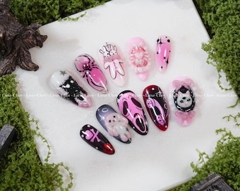 Creepy Cute Pink Press On Nails, Gothic Bunny Nails, Horror Kawaii Nails, Spooky Plush Toy Nails, Halloween Pastel Goth Nails