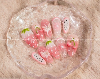 Enchanted Summer Cherry | Hand-Painted Art | Reusable Stick On Nails | Party & Bridal Nails | Premium Press on Nails