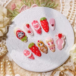 Strawberry Cat Press On Nails, 3D Cute Fruit Animal Nail Art, Kawaii Pink Dessert Nails, Handmade Sweet Nail Tips