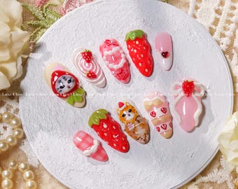 Strawberry Cat Press On Nails, 3D Cute Fruit Animal Nail Art, Kawaii Pink Dessert Nails, Handmade Sweet Nail Tips