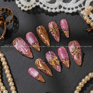 Pink Cat Eye Press On Nails, Gothic Gold Nails, Elegant Star Nails, Luxury Bow Nails, Glam Press On Nails
