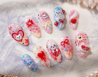 Kawaii Cat Heart Press On Nails, Pastel Pink Blue, 3D Hearts Bows, Star Confetti, Cute Gift, Plaid Candy, Hand Painted, Korean Style, Y2K