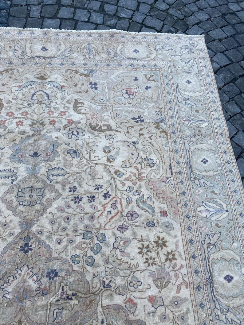 May include: A beige rug with a floral pattern in shades of blue, pink, and brown. The rug has a border with a geometric design.