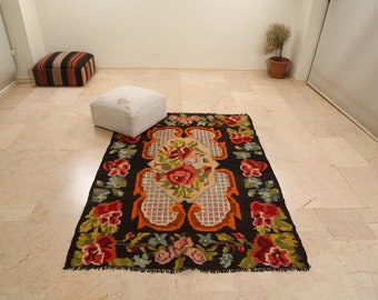 Karabagh Rug, Moldavian Kilim, Handwoven Colorful Kilim, Flower Pattern Kilim, Ethnic Kilim, Bessarabian Rug, Rose Rug, Boho Rug, 4&#39;4&#39;&#39;x6&#39;