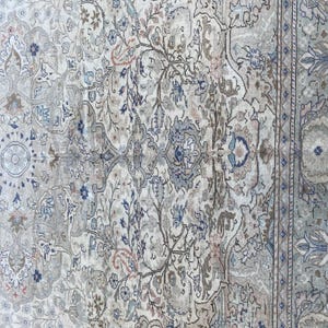May include: A vintage rug with a beige background and intricate floral patterns in shades of blue, brown, and pink. The rug has a border with a repeating geometric design.