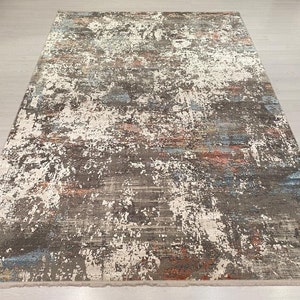 Abstract karpetten, Turks zijdeachtig tapijt, grijs handgeweven tapijt, slaapkamerkleed, luxe tapijt, modern tapijt, woonkamer, decor Turks bamboekleed, 7x10