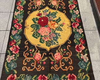 Karabagh Rug, Moldavian Kilim, Handwoven Colorful Kilim, Flower Pattern Kilim, Ethnic Kilim, Bessarabian Rug, Rose Rug, Boho Rug, 4x7