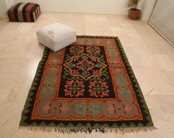 Karabagh Rug, Moldavian Kilim, Handwoven Colorful Kilim, Flower Pattern Kilim, Ethnic Kilim, Bessarabian Rug, Rose Rug, Boho Rug, 5x6 ft