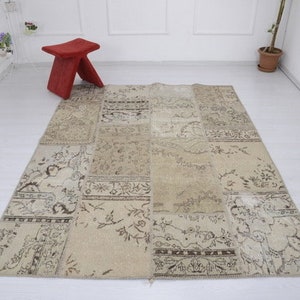 2x2m Patchwork Teppich, Handgefertigter Original Patchwork Teppich, Handgeknüpft, Beige Patchwork, Boho Teppich