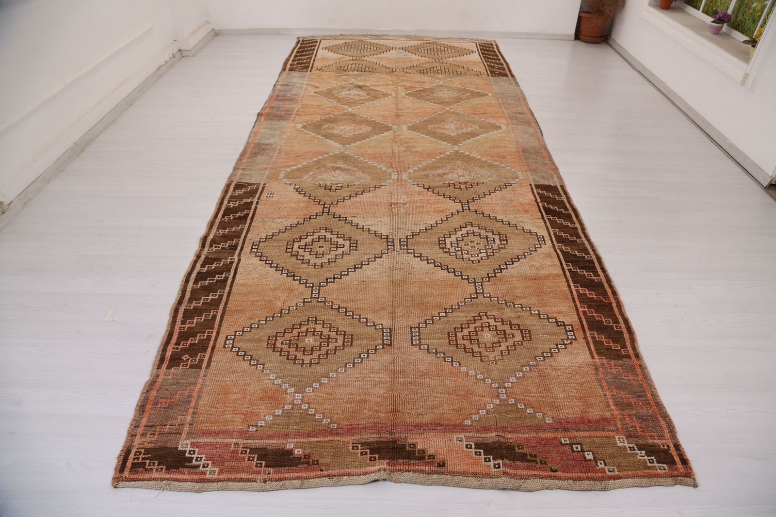 Large Long Runner, Brown&Orange Vintage Runner Rug, Anatolian Oversize Runner,6x14 ft , Anatolian Soft Rug, Turkish Kars Rug, Vintage Runner