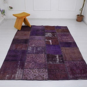 2x2m Patchwork Teppich, Handgefertigter Original Patchwork Teppich, Handgemachter Patchwork Teppich, Lila Patchwork, Boho Teppich