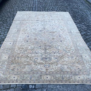 May include: A large, cream-coloured rug with a floral pattern. The rug has a detailed border with a repeating design.
