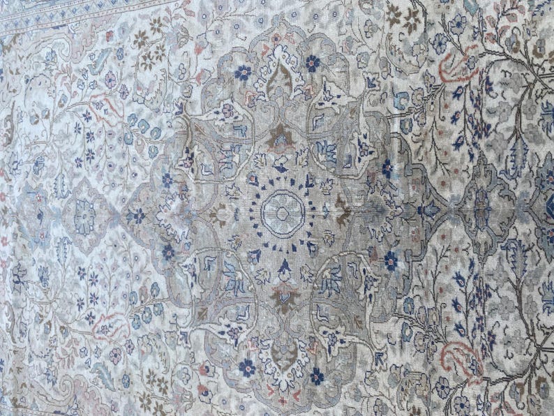May include: A beige rug with a detailed floral pattern in shades of blue, brown, and pink. The rug has a central medallion with a circular design.
