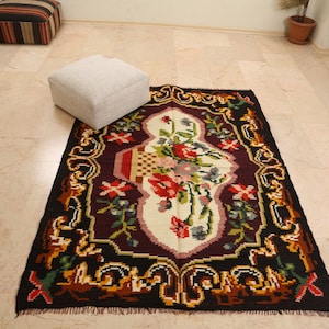 Karabagh Rug, Moldavian Kilim, Handwoven Colorful Kilim, Flower Pattern Kilim, Ethnic Kilim, Bessarabian Rug, Rose Rug, Boho Rug, 4&#39;5&#39;&#39;x6&#39;