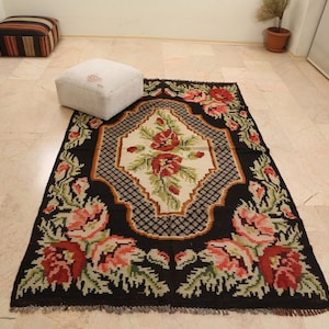 Karabagh Rug, Moldavian Kilim, Handwoven Colorful Kilim, Flower Pattern Kilim, Ethnic Kilim, Bessarabian Rug, Rose Rug, Boho Rug, 5X8 ft