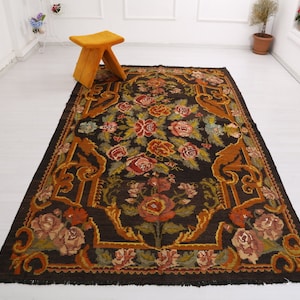 Karabagh Rug, Moldavian Kilim, Handwoven Colorful Kilim, Flower Pattern Kilim, Ethnic Kilim, Bessarabian Rug, Rose Rug, Boho Rug, 8x9 ft