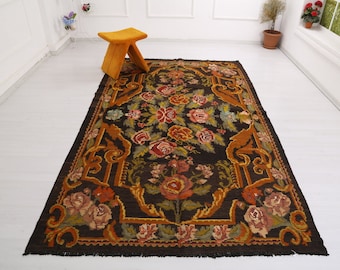 Karabagh Rug, Moldavian Kilim, Handwoven Colorful Kilim, Flower Pattern Kilim, Ethnic Kilim, Bessarabian Rug, Rose Rug, Boho Rug, 8x9 ft