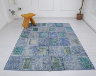 6x8 ft Handmade Turkish Patchwork Rug, Wool Bohemian Area Rug