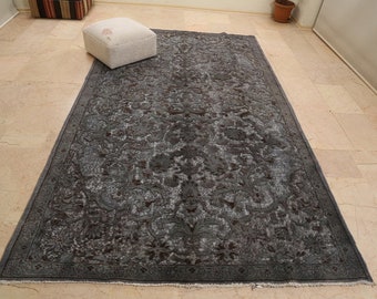 Avantgarde Carved Wool Rug, Black Anthracite Turkish Vintage Rug, 6x10ft