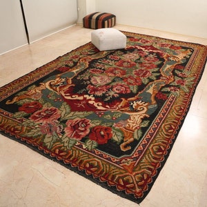 Karabagh Rug, Moldavian Kilim, Handwoven Colorful Kilim, Flower Pattern Kilim, Ethnic Kilim, Rose Rug, Boho Rug, Vintage Rug, 7x12 ft