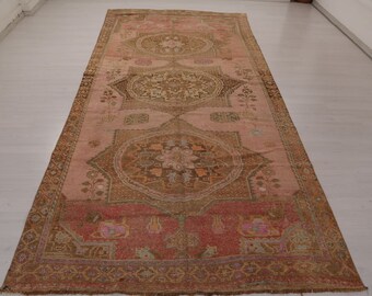 Hand-Knotted Wool Pink Oushak Rug, Vintage Turkish Area Rug (5x12)